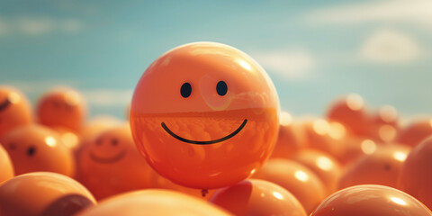 A bunch of orange balloons with a smiley face on one of them