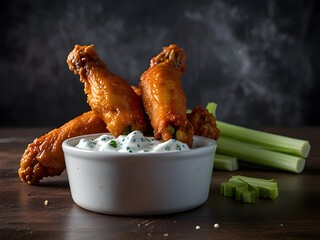 Hot and spicy buffalo wings with celery sticks and blue cheese dip, finger-licking good, generative AI