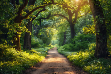 Obraz premium Hidden Woodlands: Lush Forest Pathway Leading to Enchanting Clearing in Soft Green Hues