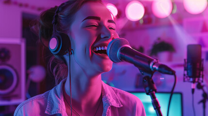 Obraz premium Young woman creating content for her internet podcast, laughing joyfully into the microphone, surrounded by neon purple light and professional recording equipment.