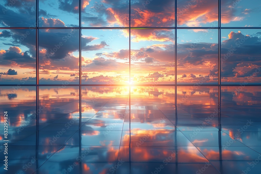 Poster stunning sunset reflected in large glass windows, creating a mesmerizing and colorful sky view