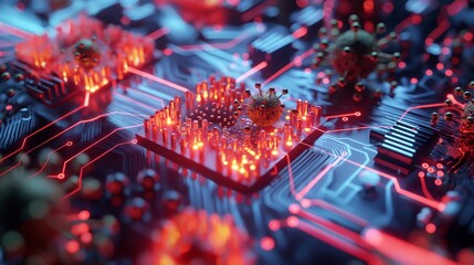 An image of a nanobiotechnological diagnostic chip, integrating nanoparticles for rapid and sensitive detection of viruses in a sample.