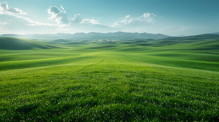 Naklejka premium Serene Meadow & Mountain Aerial View: Minimalism in Art