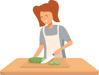 Vector illustration of a cheerful woman cutting cucumber on a chopping board in a home kitchen setting