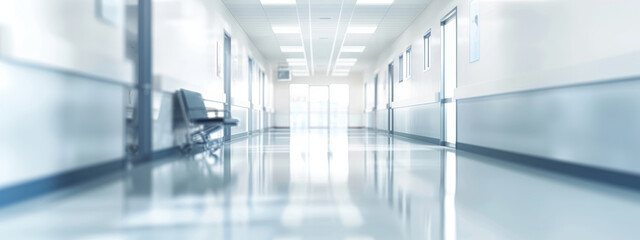 Naklejka premium Blurred white background of a hospital hall for a medical concept design with copy space.