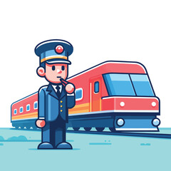 cartoon of a train conductor with train