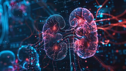 3D futuristic visualization of kidneys with scientific data in a dark design.