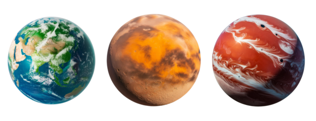 Alien planets, set of three strange worlds, isolated on white background. Orange, red, and Earth like planets.