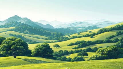 Fototapeta premium An illustration of countryside hills, featuring gentle slopes and lush greenery. The minimalist approach uses clean lines and simple shapes to convey the peacefulness of the rural setting. The clear