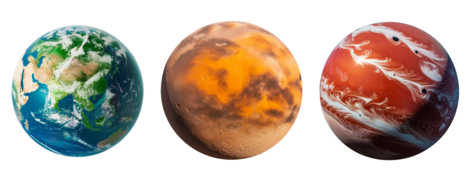 Alien planets, set of three strange worlds, isolated on white background. Orange, red, and Earth like planets.