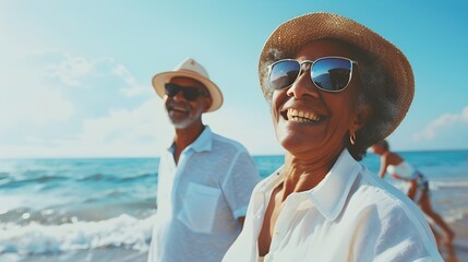 Cheerful senior woman enjoying with man at beach