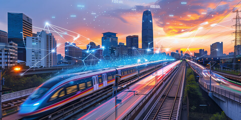 A high-speed train passing through the city, surrounded by digital data connections and holographic displays showcasing smart railway technology, with modern skyscrapers in the background, conveying i