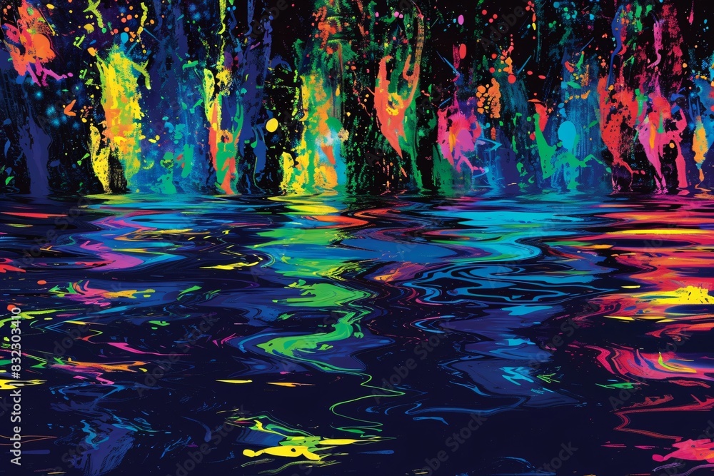 Poster vibrant abstract background with explosive neon paint splatters and reflective water surface, captur