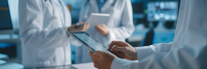 Medical team interacts using a digital tablet displaying information in a clinical environment