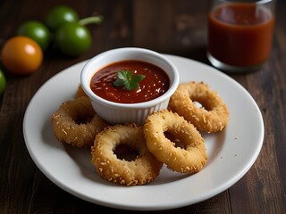 Plate of crispy calamari rings with a side of marinara sauce, perfect appetizer genertive AI