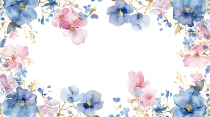 A watercolor illustration of decorative frame with pink and blue flowers