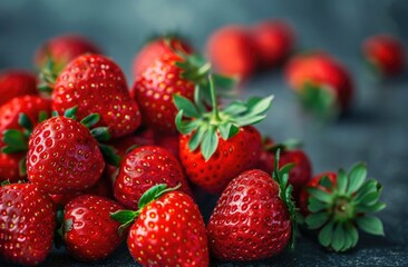 A cluster of ripe strawberries, showing vibrant red hues and textures up close