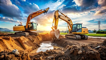 Powerful Backhoe Digging Soil at Busy Construction Site
