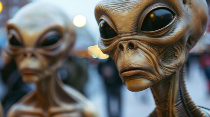 Three alien figures in an urban street scene. Concept of science fiction, extraterrestrial beings, fantasy, imagination