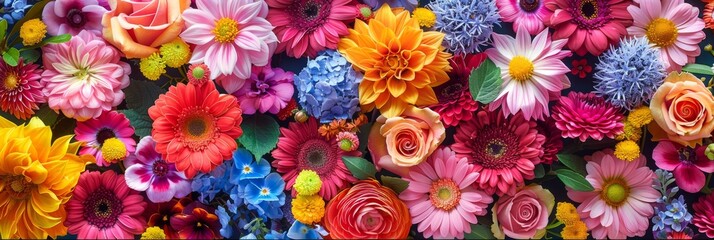 Detailed view of vibrant fresh flowers in a floral pattern background, Created with Generative AI.