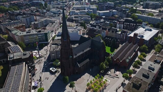 Aerial drone view of The Provost Church of St. Augustine in Heinrich K&ouml;nig Platz , Gelsenkirchen , Germany . 