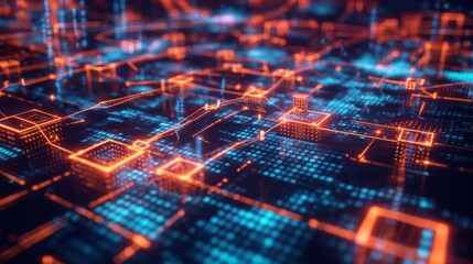 Obraz premium A depiction of a blockchain network secured by AI algorithms, illustrating the concept of decentralized and tamper-proof data storage.