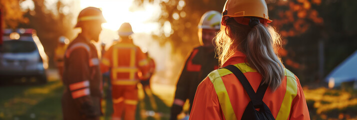 A female worker in a safety vest looks on as emergency responders gather in the golden light of sunset
