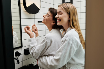 A couple of women in bath robes stand together, sharing a tender moment in front of a bathroom...