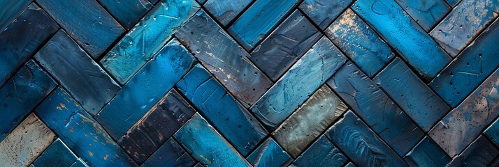 Close-up view of blue herringbone tile pattern background, elegant and stylish for interior design, Created with Generative AI.