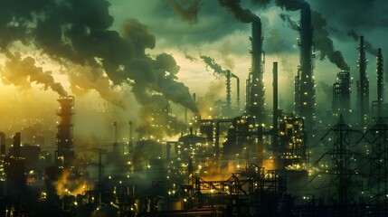 Obraz premium A cityscape with a lot of smoke and pollution. The sky is dark and the buildings are lit up. Scene is bleak and ominous