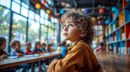 Curly-Haired Boy Daydreaming in Colorful Modern Classroom