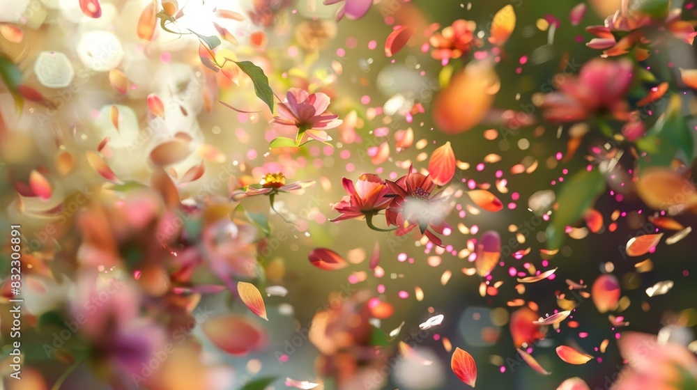 Poster A mesmerizing display of colorful flowers and petals in motion, with bokeh lights and soft focus, creating a dreamy and enchanting atmosphere.