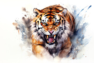 Watercolor painting of tiger on a clean background. Wildlife Animals.