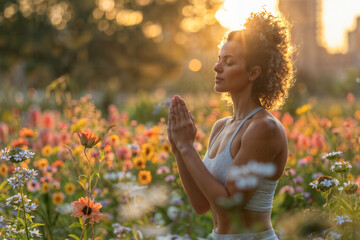 Woman Practicing Yoga in Flower-filled Park at Sunset