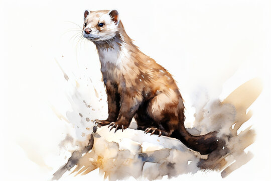 Watercolor painting of weasel / mink / ferret / ermine / polecat on White Background: Wildlife Portraits Featuring Cute Animals with Brown Fur. Wild Animals.