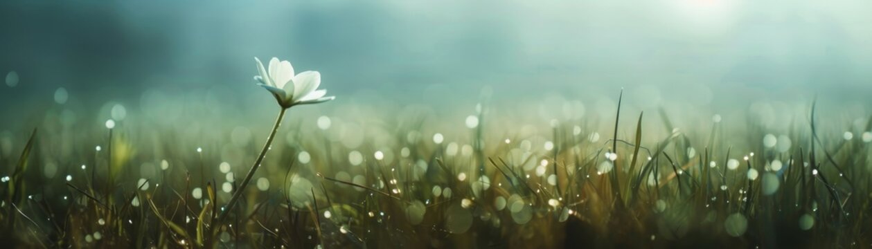 A serene single white flower stands gracefully amidst a field of dewy grass, bathed in soft early morning light.