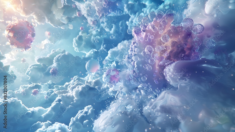 Poster a colorful cloud filled with bubbles and a virus. the bubbles are floating in the sky and the virus 