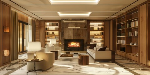 Art deco interior design of modern living room, home with fireplace and bookcases. 