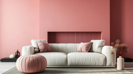 Sofa and pouf against pink wall with fireplace. Minimalist interior design of modern living room, home. 