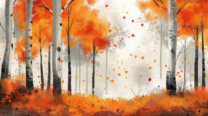 Create an illustration of a woodland scene with a focus on autumn leaves. Use clean lines and a limited color palette to depict trees and foliage, capturing the serene beauty of fall in a minimalist