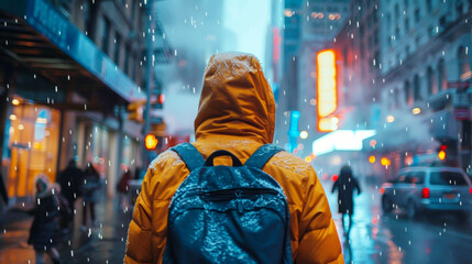 Obraz premium A person in a yellow jacket with a backpack walking through a snowy city street.