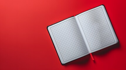 A blank notebook with white pages is open on a red background, inviting creative ideas or writing. The top view reveals its clean, empty interior, ready for copy, text, images, or illustrations.