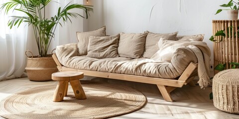 Round wooden coffee tbale near wooden sofa with beige pillows. Scandinavian home interior design of modern living room. 