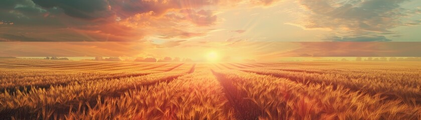 Obraz premium Beautiful golden wheat field at sunset, with warm light and dramatic clouds, perfect for nature, agriculture, and landscape themes.
