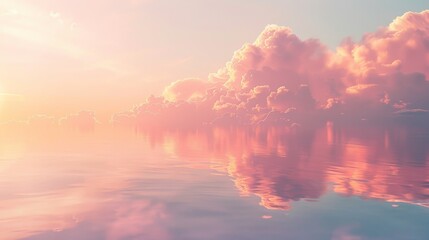 Naklejka premium Beautiful sunset with pink clouds reflected on calm water, creating a serene and dreamy atmosphere with warm lighting.