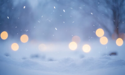 Naklejka premium Magical winter scene with bokeh lights falling snow. Perfect for holiday cards, winter promotions, and festive designs.
