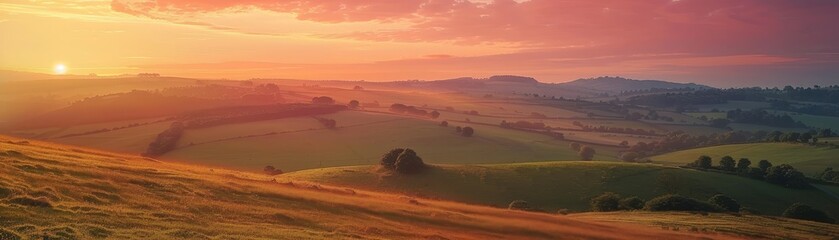 Obraz premium Breathtaking panoramic view of rolling green hills at sunset, with vibrant skies and serene landscapes, perfect for nature and travel imagery.