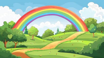 Illustration of a rainbow arching over a lush green landscape with a path, symbolizing LGBTQ+ Pride and natural beauty.