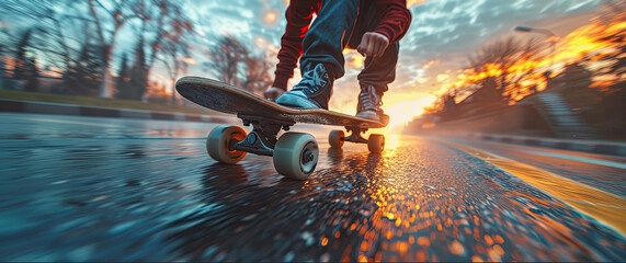 A man is riding a skateboard on a sunny day by AI generated image - Powered by Adobe