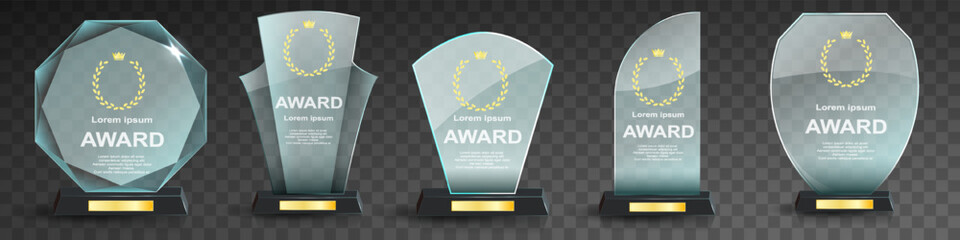 Glass award trophy set. Transparent prize template. Winner first place concept. Vector illustration. Winner glass trophy. First place award, crystal prize and signed acrylic trophies. Glass awarding t